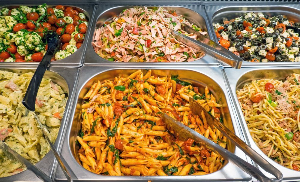 Display Case With Various Pasta Salads, Including Penne, Spaghetti — Lazy Paul's Cafe 'n Smokehouse In Wauchope, NSW