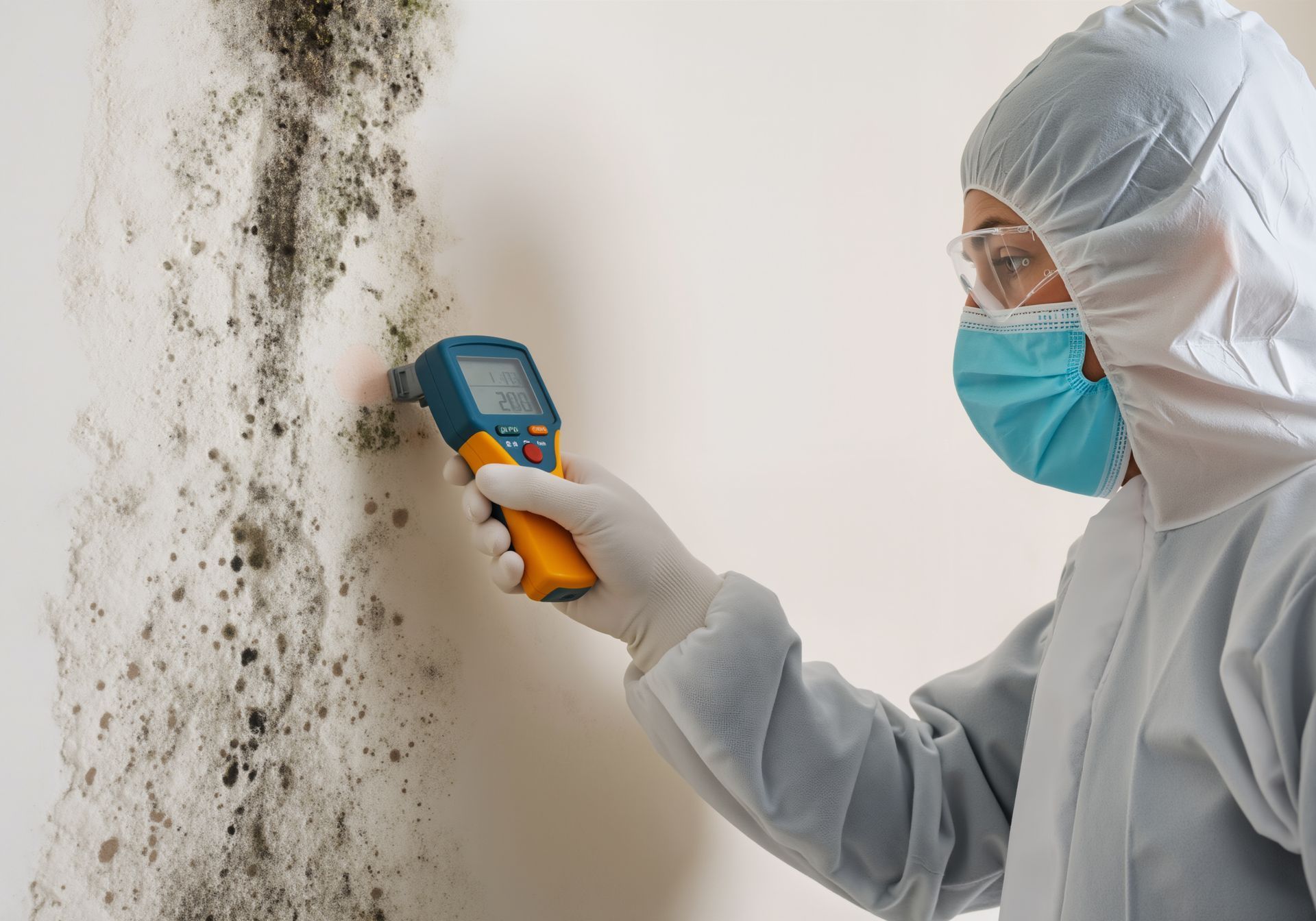 Person in protective gear inspecting mold on wall with a moisture meter. Person in protective gear inspecting mold on wall with a moisture meter.