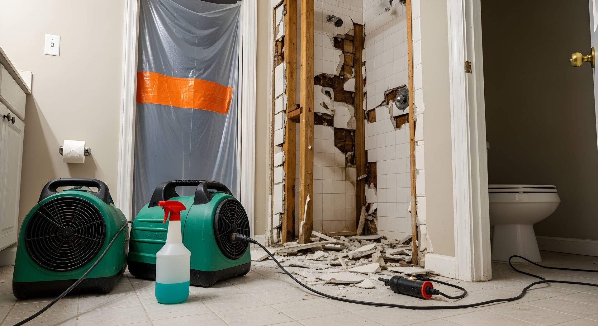 Water Damaged Bathroom Undergoing Restoration with Industrial Drying Equipment