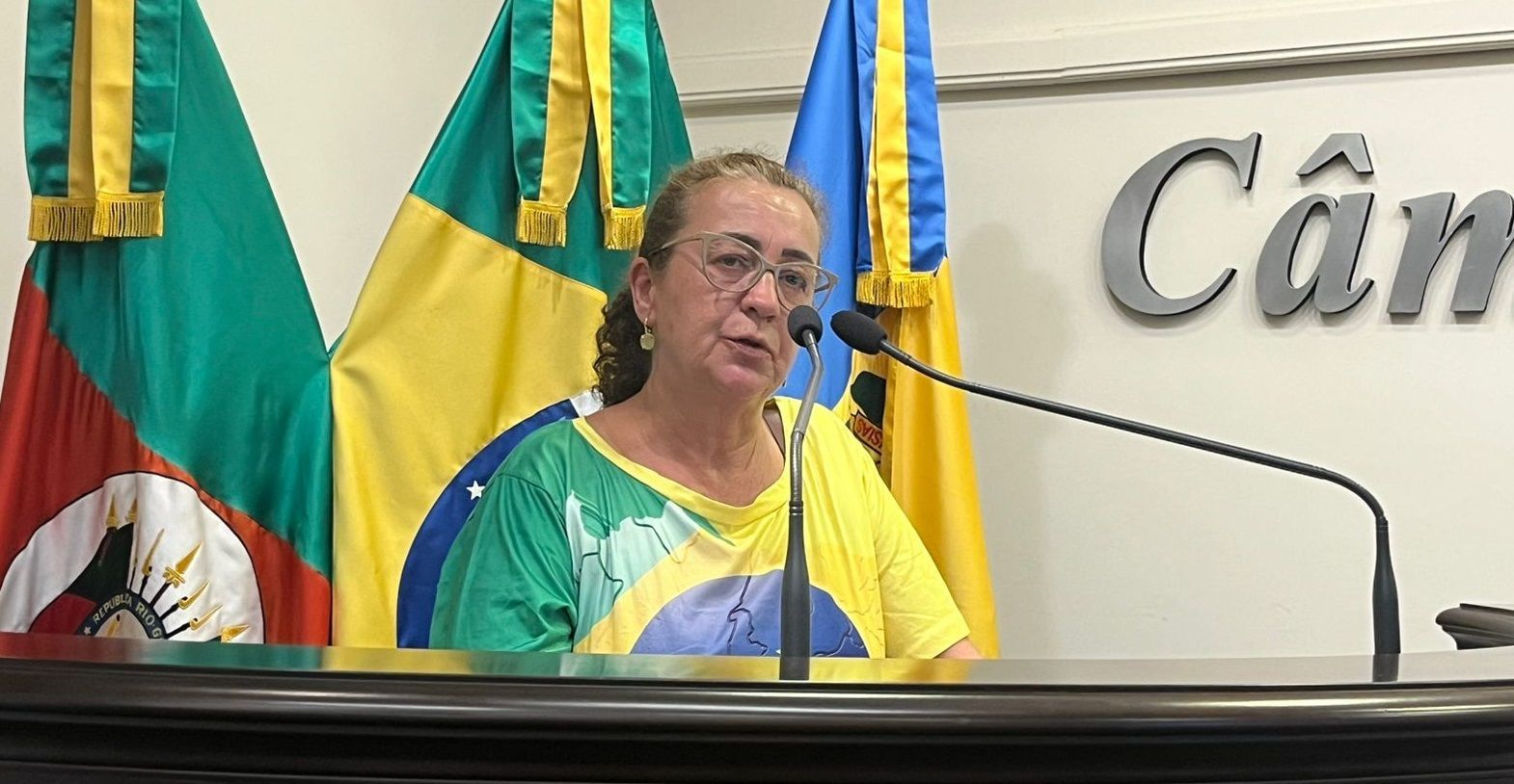 Uma mulher está sentada em um pódio falando ao microfone.