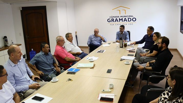 Um grupo de pessoas está sentado ao redor de uma longa mesa em uma reunião.