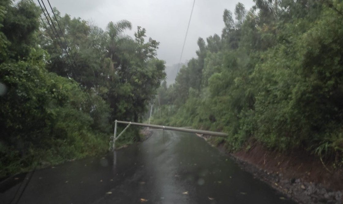 Uma linha de energia caída está bloqueando uma estrada na chuva.