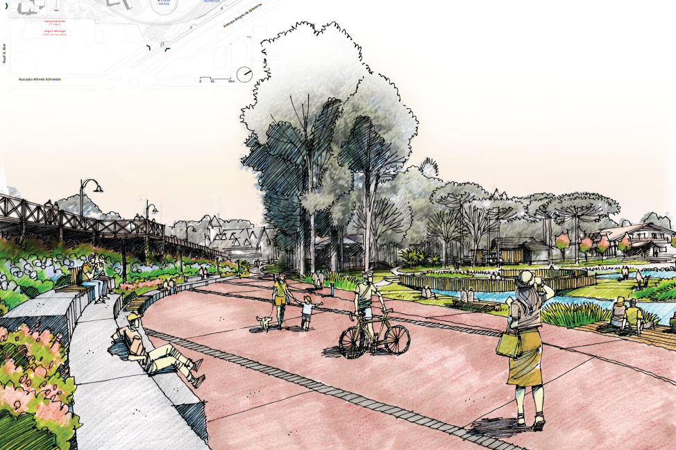 Um desenho de pessoas andando e andando de bicicleta em um parque