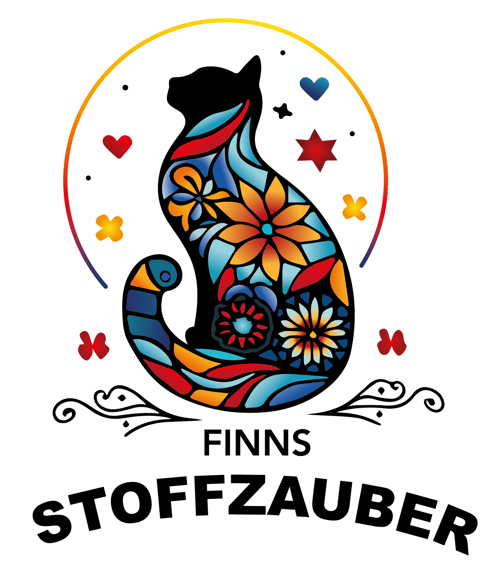 ein Logo für finns Stoffzauber mit einer Katze und Blumen darauf