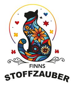 ein Logo für finns Stoffzauber mit einer Katze und Blumen darauf