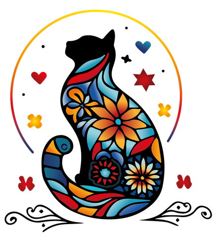 eine bunte Katze , die in einem Kreis mit Blumen und Herzen sitzt