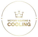 Gold logo with crown icon and text “Victory Heating & Cooling” inside a gold circle