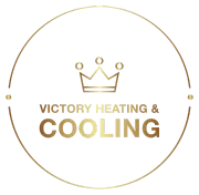 Gold logo with crown icon and text “Victory Heating & Cooling” inside a gold circle