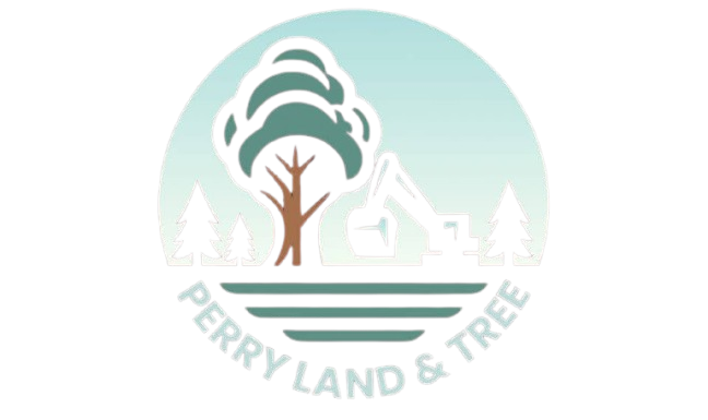 Perry Land & Tree logo with stylized tree, house, and evergreens in green and white