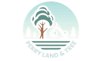 Perry Land & Tree logo with stylized tree, house, and evergreens in green and white
