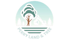 Perry Land & Tree logo with stylized tree, house, and evergreens in green and white
