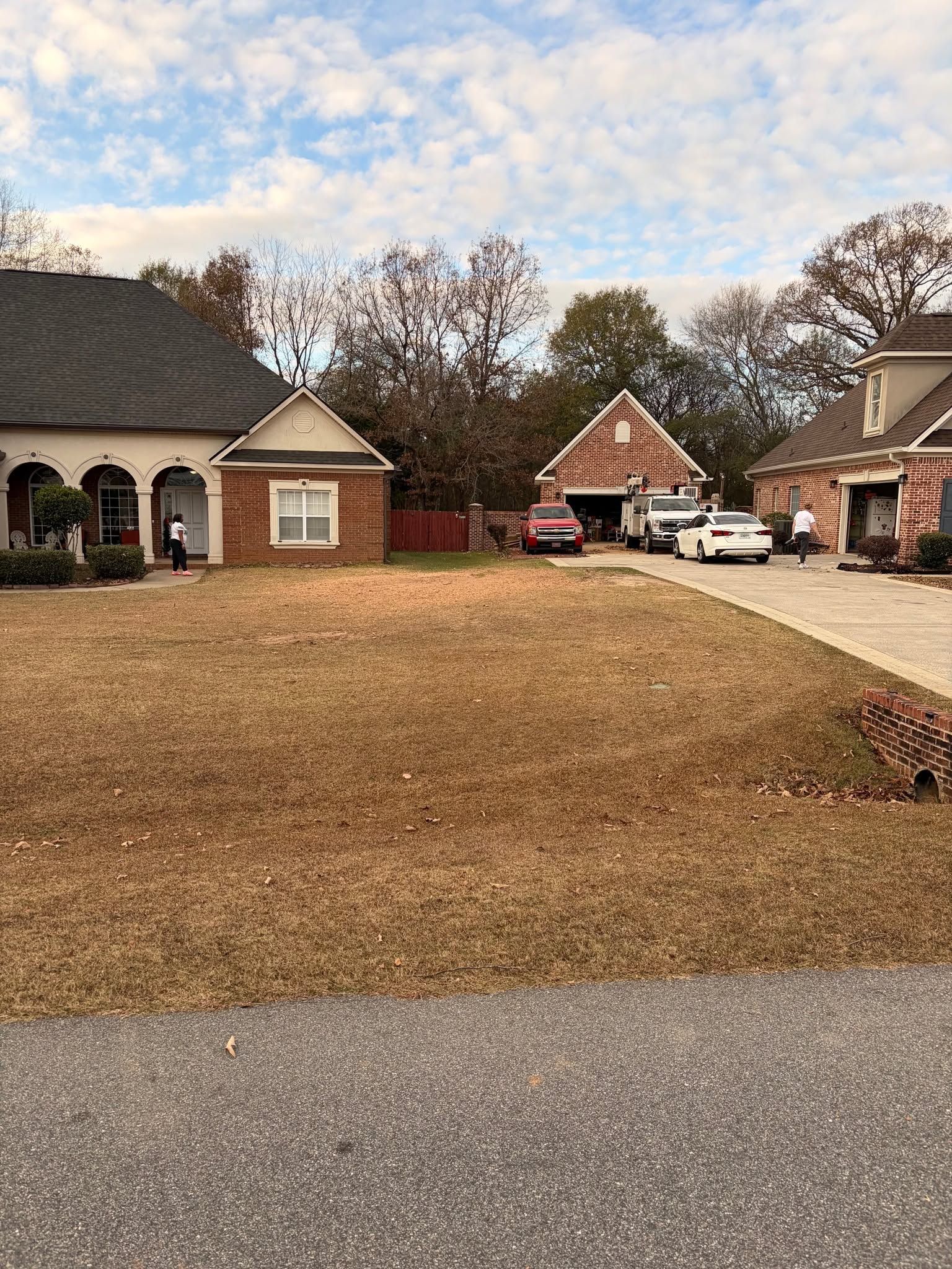Suburban driveway and brick homes with a red car parked near a garage on a cloudy day