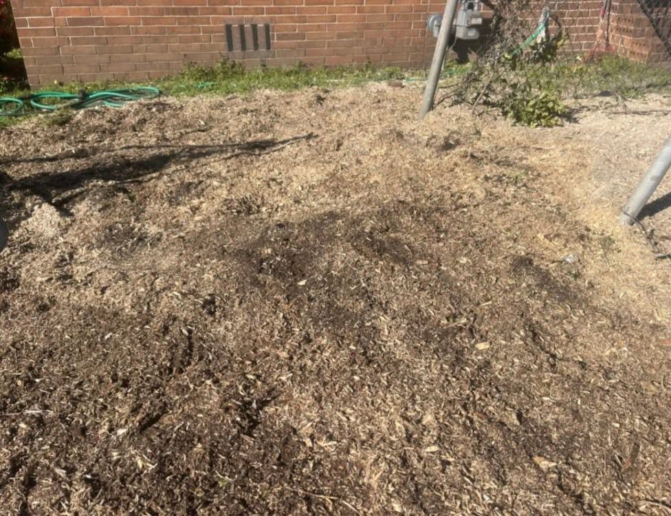 Dark mulch pile in a backyard garden beside a brick wall and green hose.