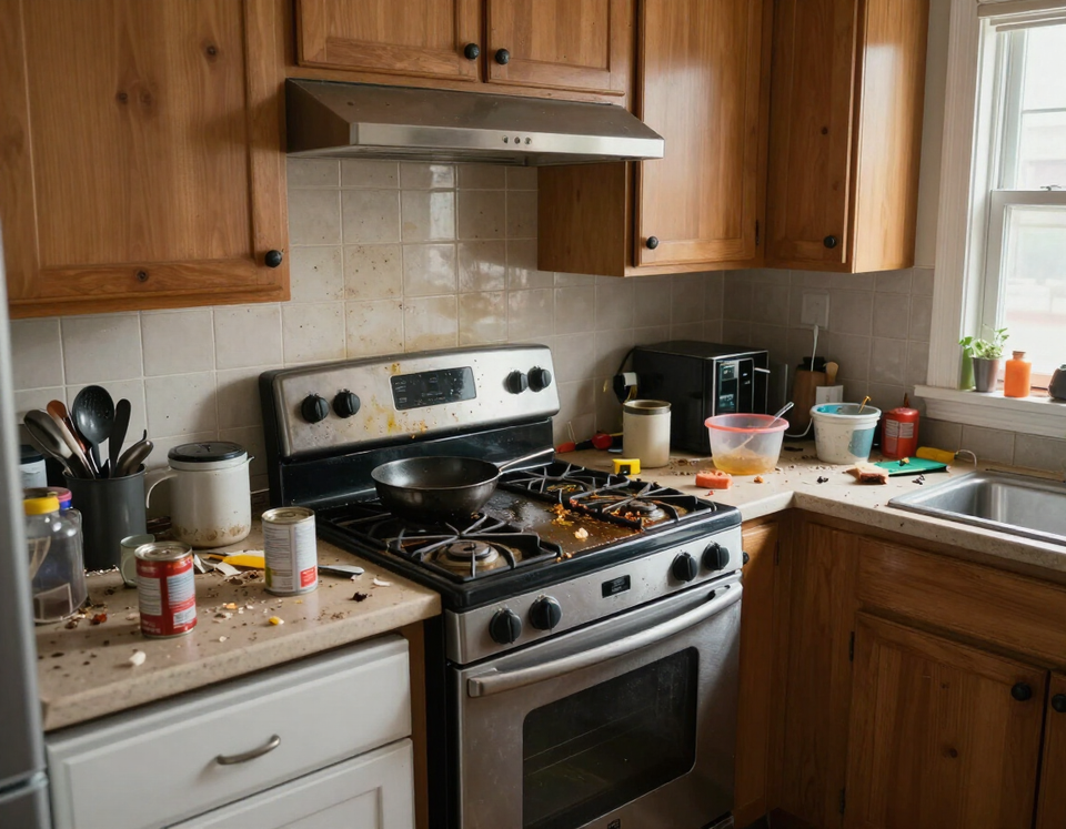 Before: Kitchen deep clean - greasy stovetop and cluttered counters