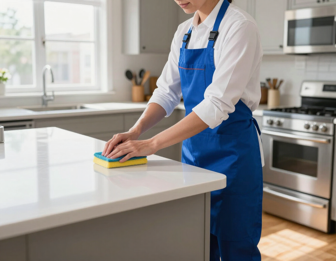 Professional cleaner scrubbing a kitchen countertop