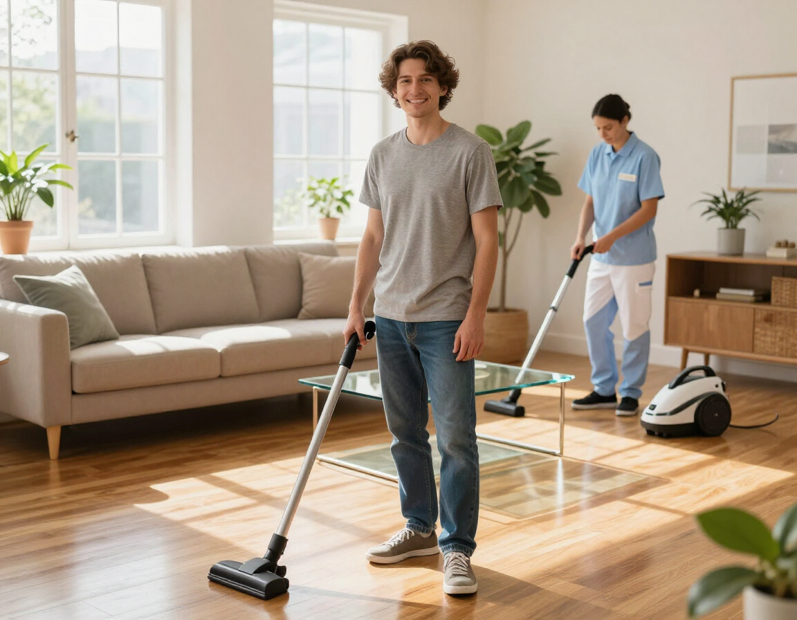 Smiling homeowner in a clean sunlit living room