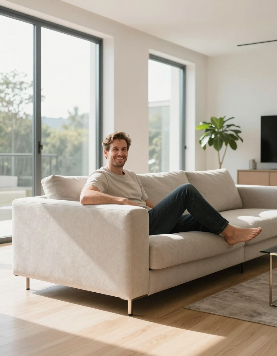 Homeowner relaxing in a freshly cleaned living room