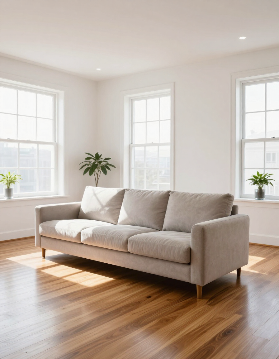 Bright immaculate living room with white walls and polished hardwood floors