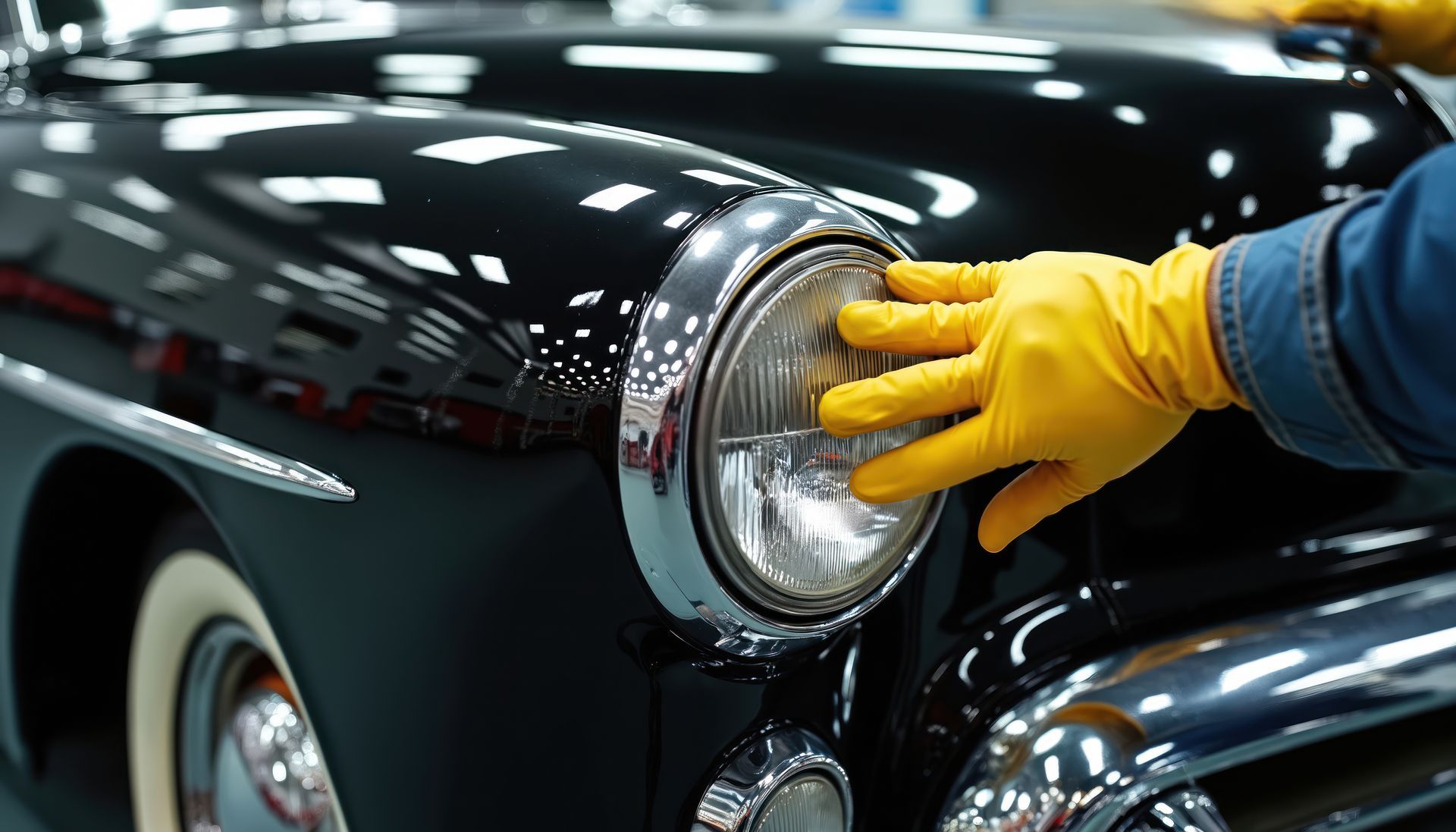 Hand in yellow glove polishing a classic black car's headlight.