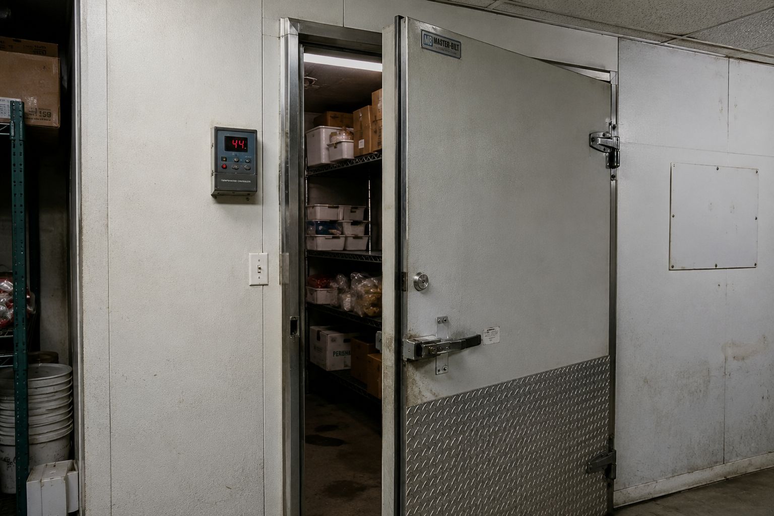 Open industrial walk-in freezer door revealing shelves inside, in a gray storage room