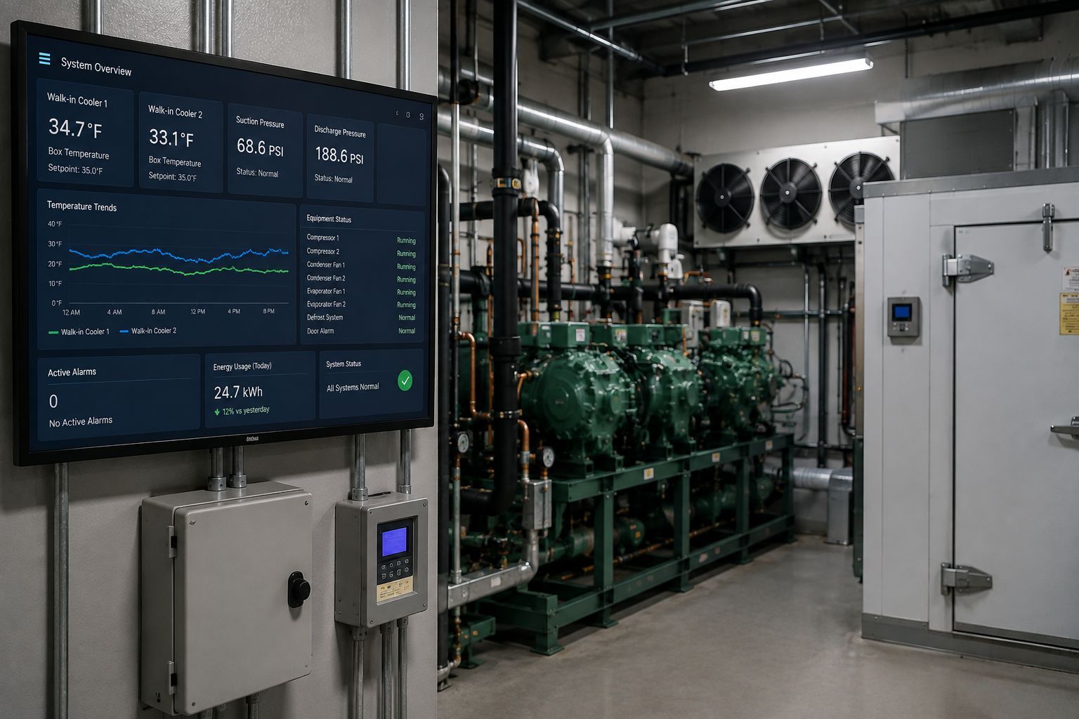 Industrial control room with a wall monitor showing data, pipes and green machinery, and a large white equipment cabinet