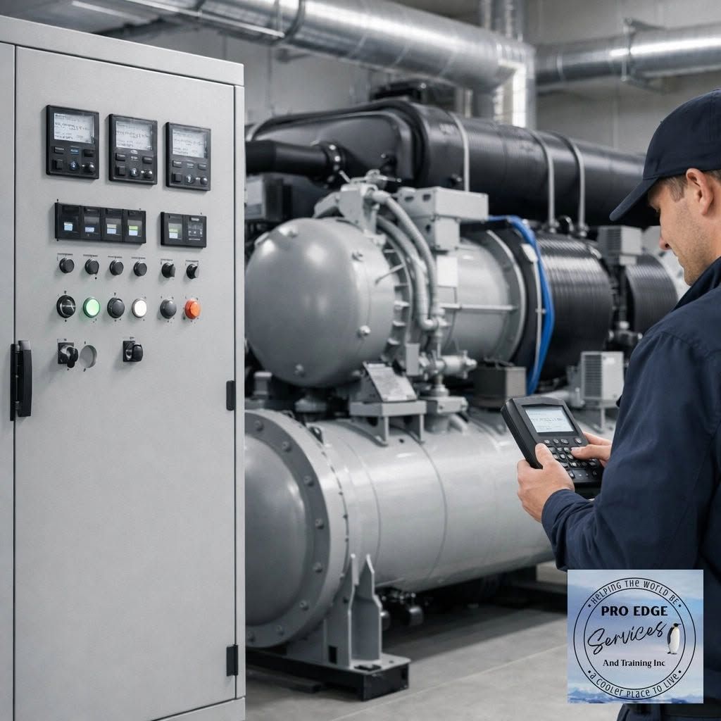 Technician using a tablet beside industrial machinery and a control panel in a plant room