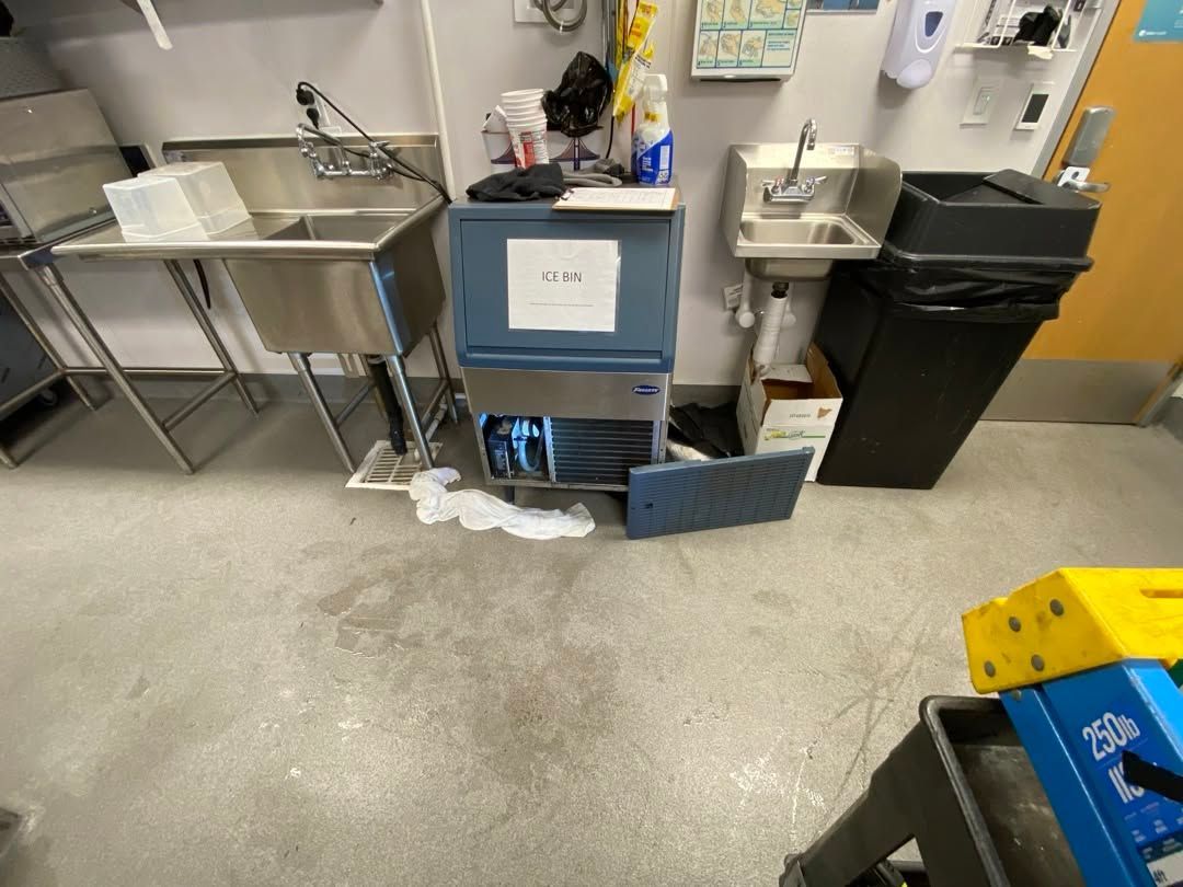Clinic utility area with stainless sink, blue cart, black trash bin, and cleaning supplies on a gray floor