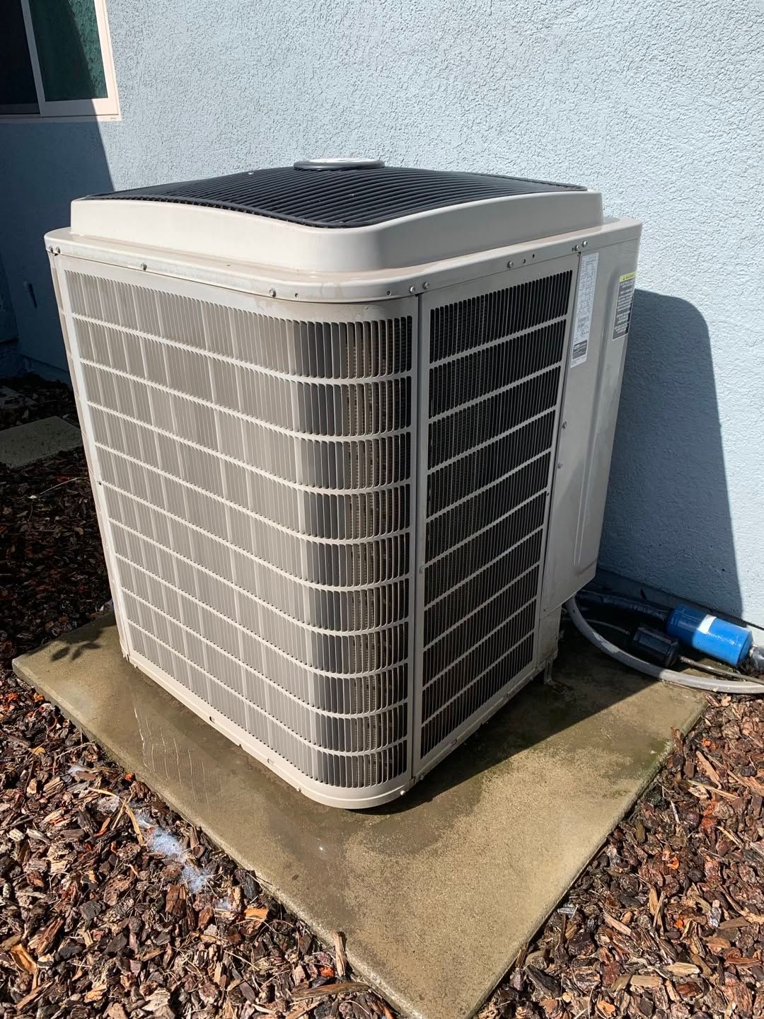 Outdoor air conditioning unit beside a house wall on a concrete pad, with fallen leaves nearby