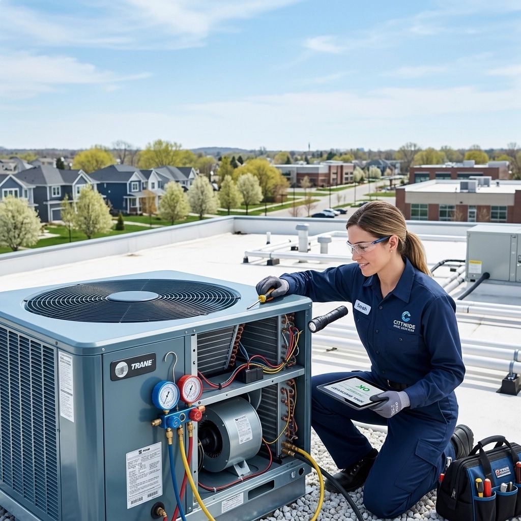 Technician servicing rooftop HVAC unit with tools on a sunny day