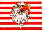 An eagle 's head is on a red and white striped background