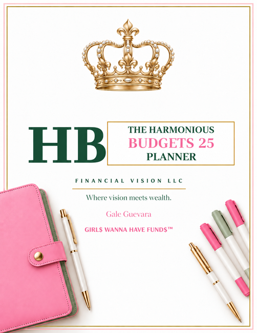 Harmonious Budgets 25 Planner Front Cover in Pink, Green, Gold, and White