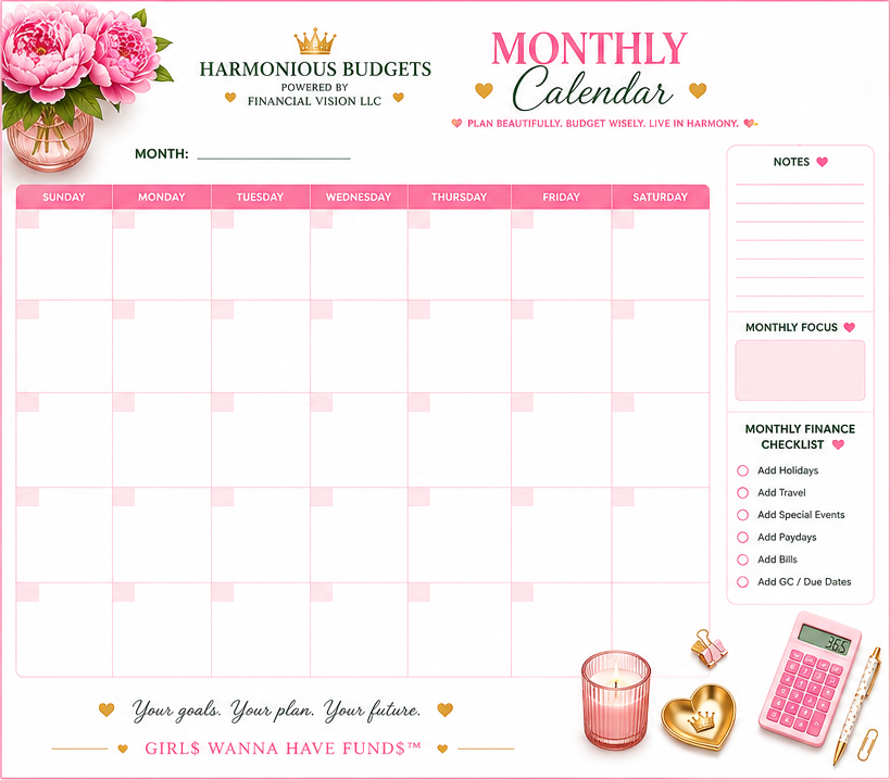 Harmonious Budgets Horizontal Monthly Calendar Printable