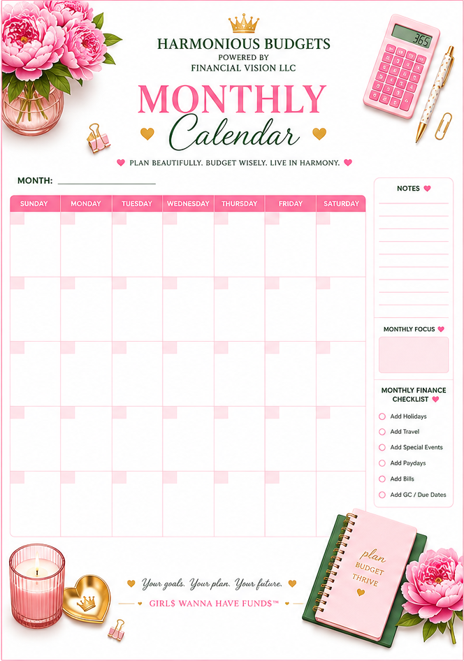 Harmonious Budgets Vertical Monthly Calendar Printable