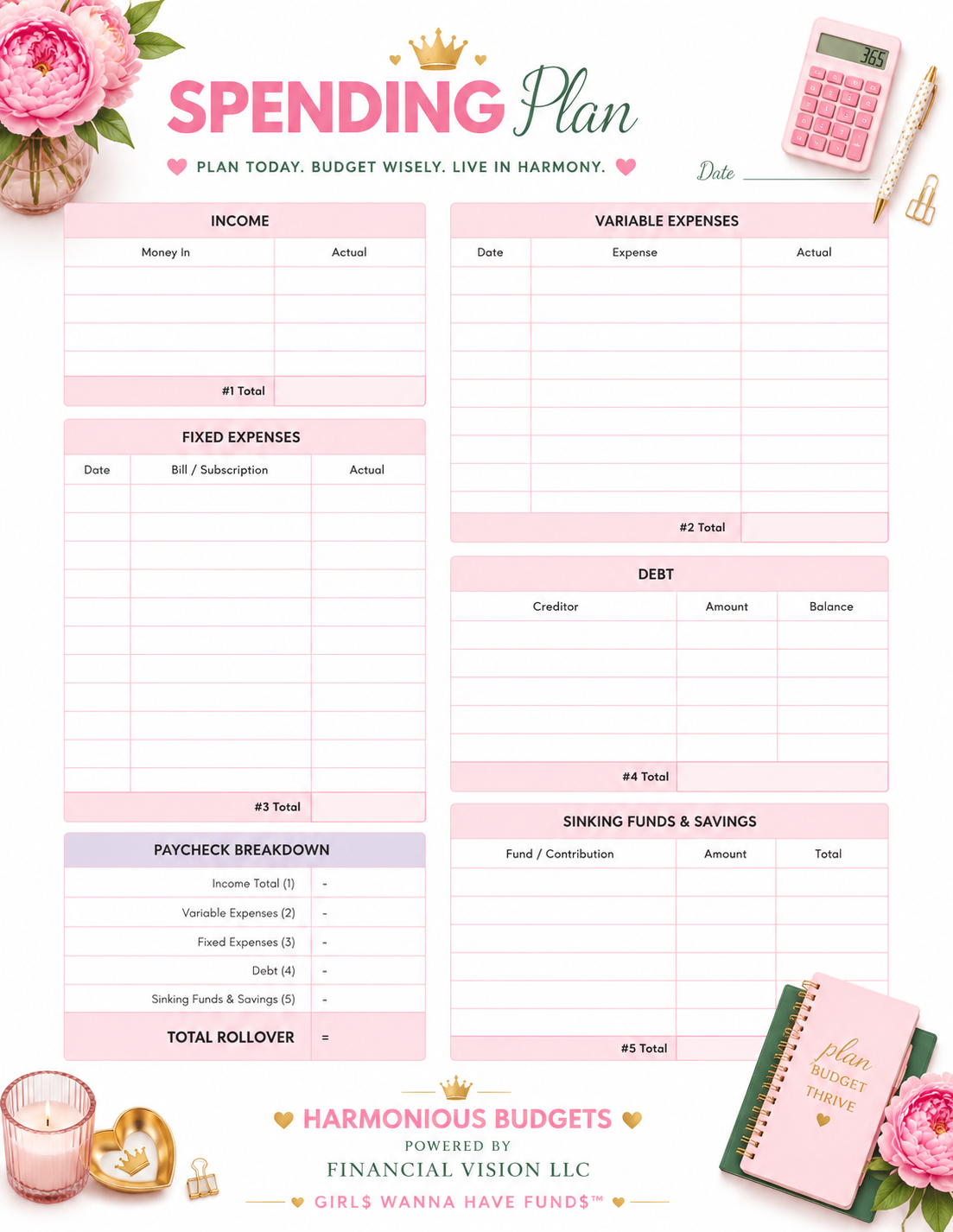 Harmonious Budgets Spending Plan Printable