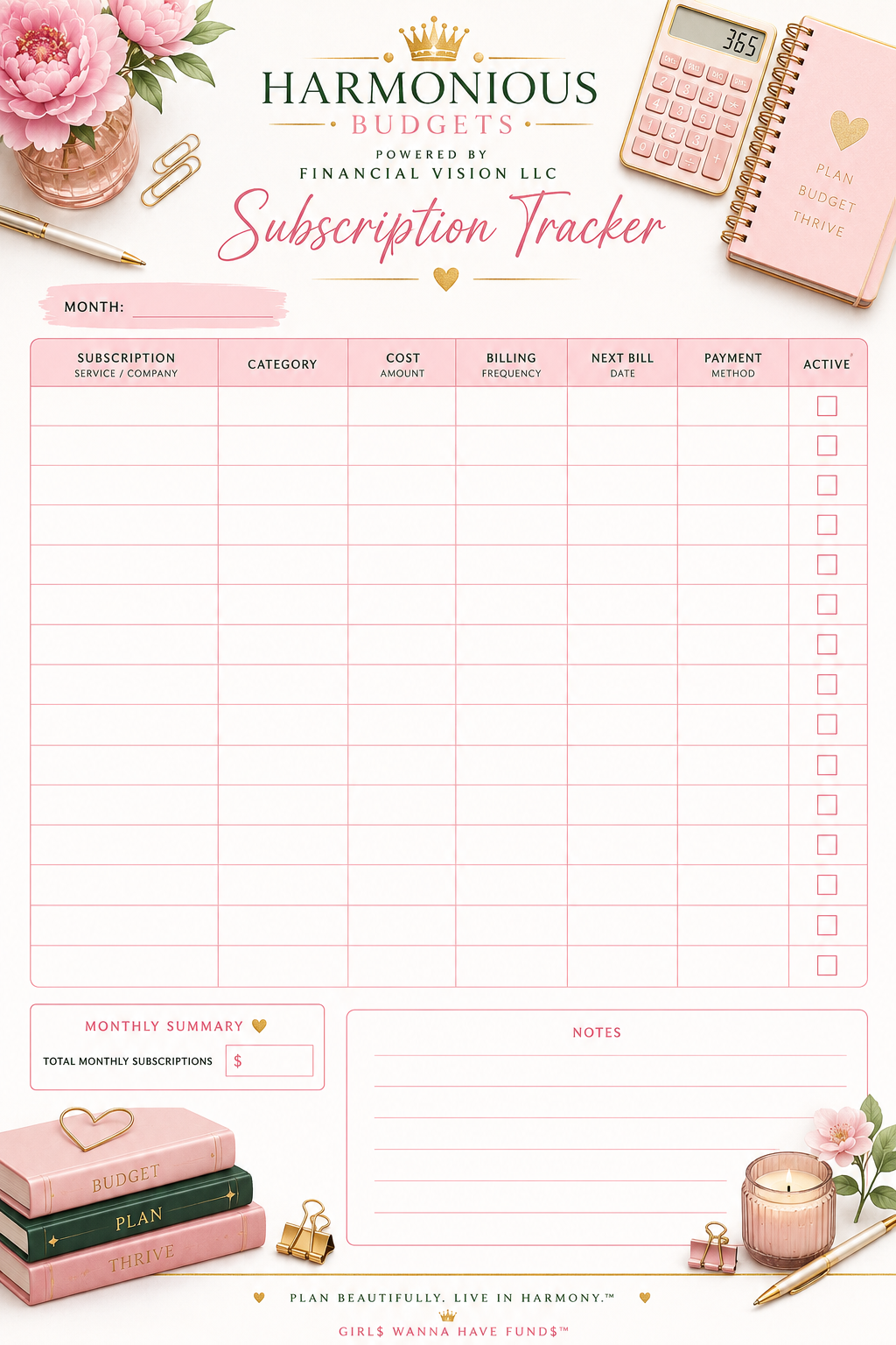 Harmonious Budgets Subscription Tracker Printable