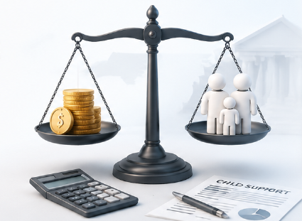 Scales balancing coins with family figures, calculator, and divorce papers on a desk