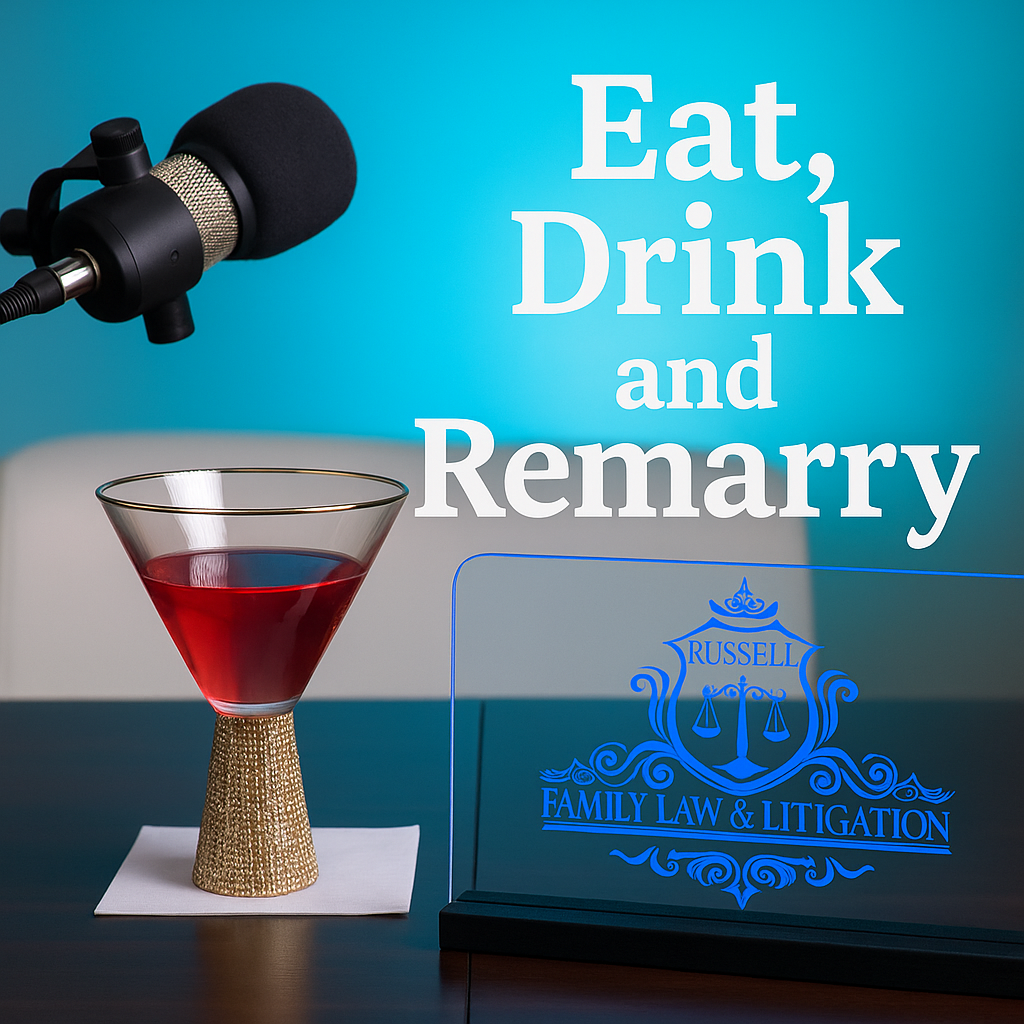 Podcast microphone, martini glass, and laptop with “Eat, Drink and Remarry” on a blue background.