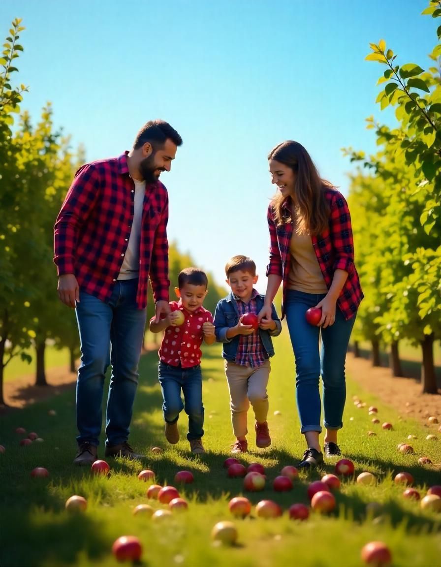 A family is picking apples in an orchard.