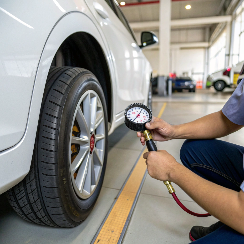 Mechanic checking tire pressure of a white car in a repair shop.