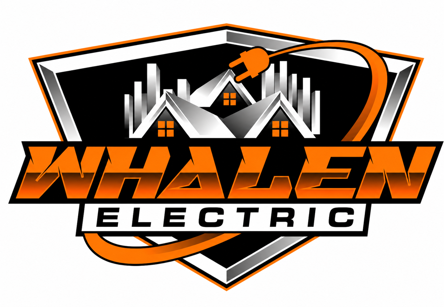 Whalen Electric logo with orange and black shield, city skyline, and power plug icon