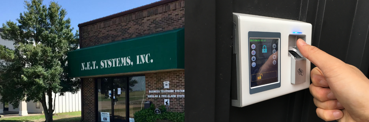 A finger scans on a wall-mounted biometric security reader next to a brick building with a green awning.
