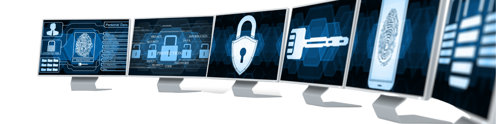Six monitors arranged in a row displaying various blue digital cybersecurity icons, including padlocks and fingerprints.