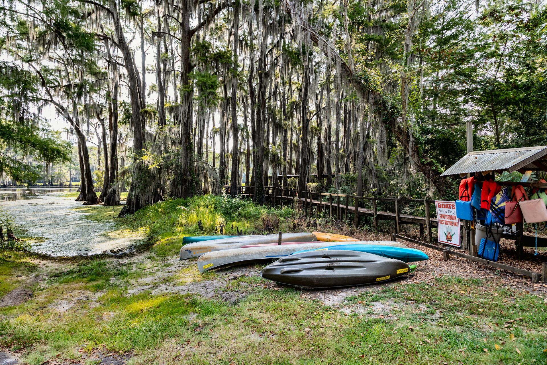 A row of kayaks are sitting on top of a lush green field.