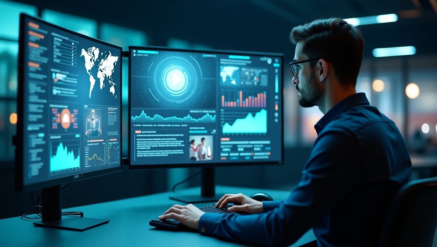 Digital marketing professional analyzing video marketing analytics on dual monitors with charts.