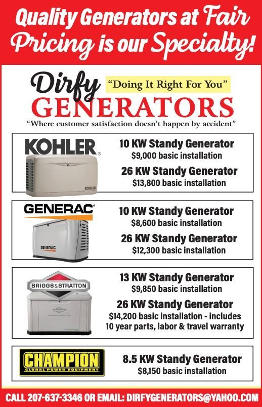 Generator sales flyer with KOHLER, Generac, Briggs & Stratton, and Champion models on a red background