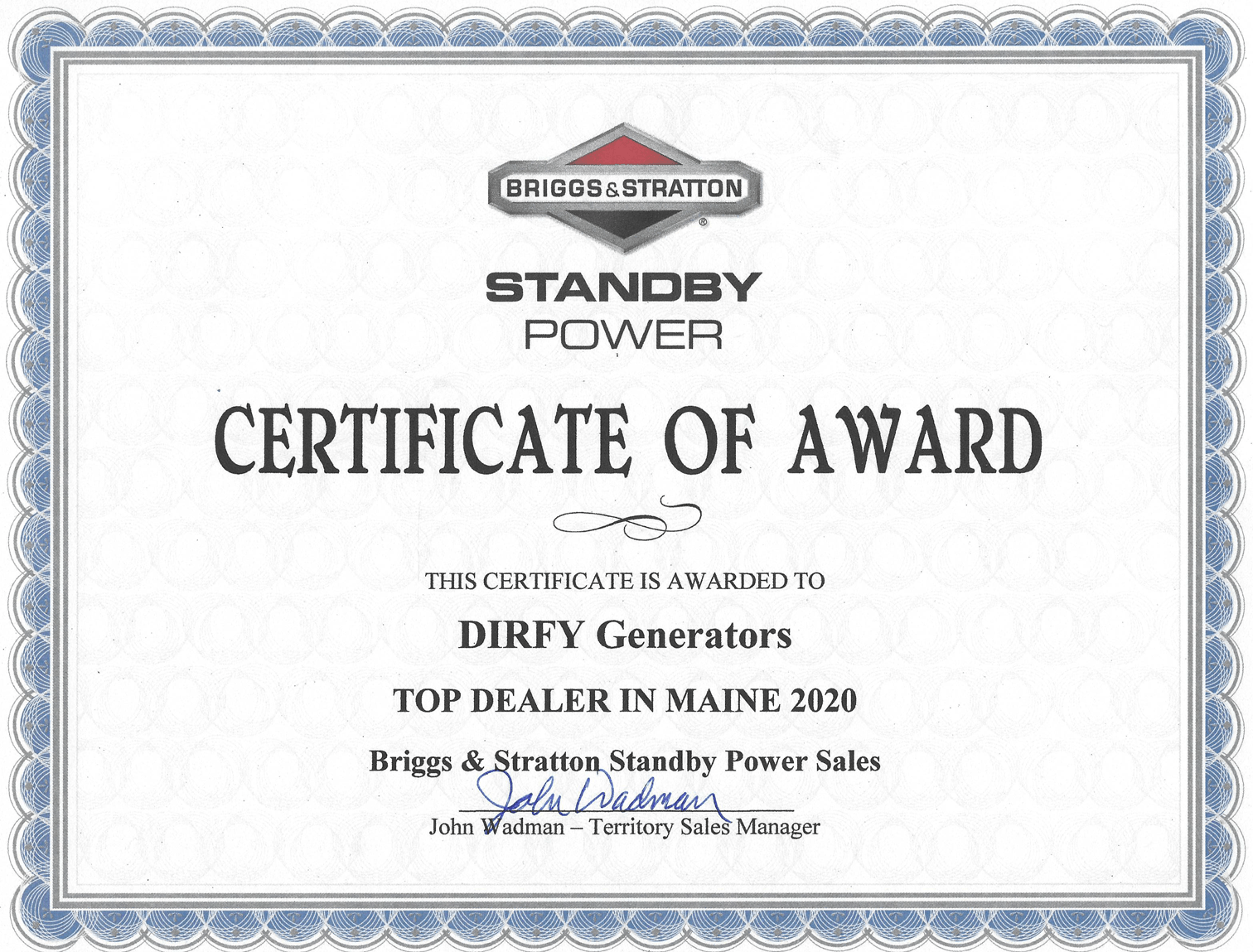 Certificate of Award — Limington, ME — DIRFY Generators Certificate of Award — Limington, ME — DIRFY Generators