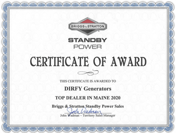Certificate of Award — Limington, ME — DIRFY Generators Certificate of Award — Limington, ME — DIRFY Generators