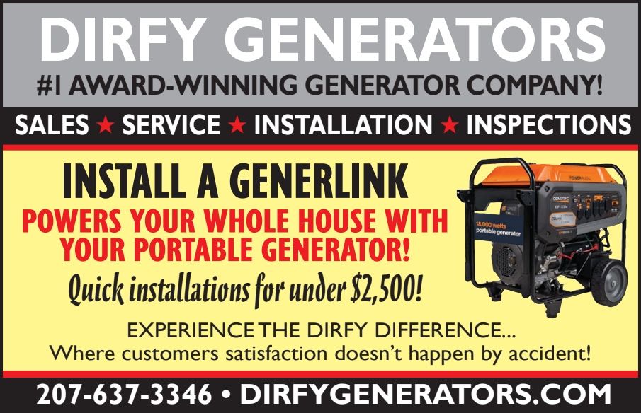 Dirfy Generators ad for GenerLink installation powering a home with a portable generator, orange generator illustration
