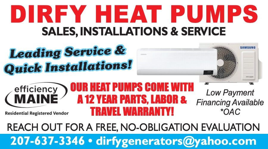 DIRFY HEAT PUMPS ad with orange text, service van, and financing, warranty, and contact details