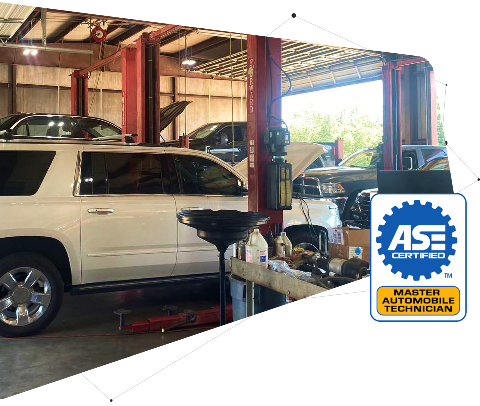 Auto repair shop with vehicles undergoing service, next to an ASE Certified Master Automobile Technician badge.